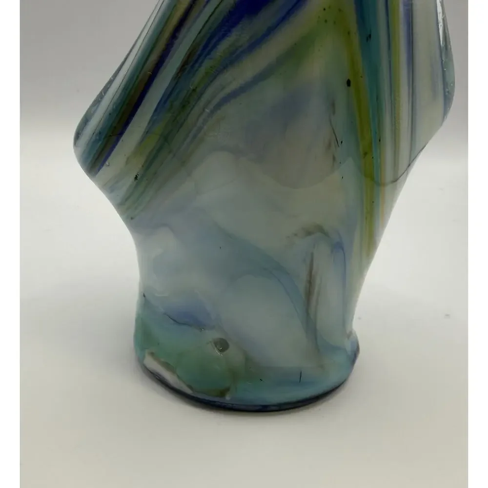 Vintage Hand Blown Art Glass Swan Vase Blue Slag Swirl MCM 10.5”